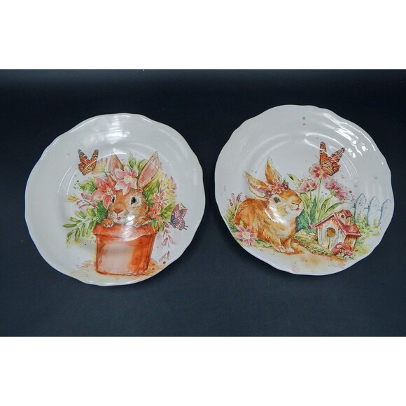 Pier 1 One Hop Town Salad Plates 8.5 Inch Luncheon Set of 2 Earthenware - Picture 1 of 10